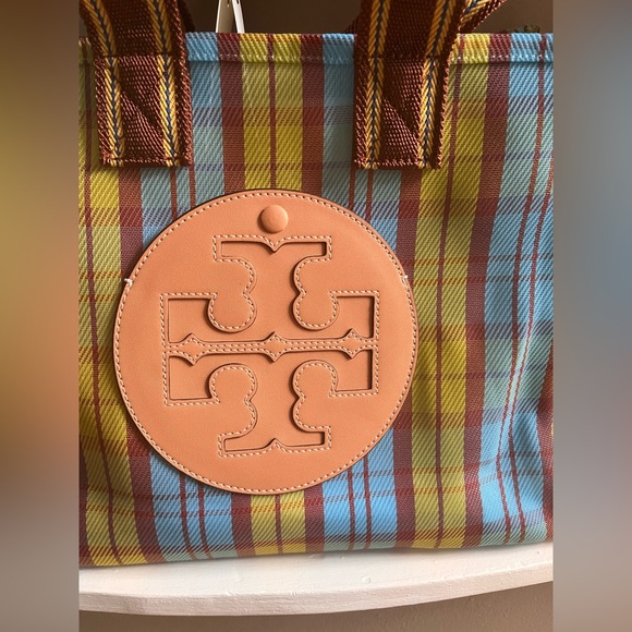 Tory Burch Yellow / Blue Mercado Plaid Ella Mesh Tote Bag - Picture 6 of 12